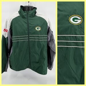 VTG Reebok NFL‎ Green Bay Packers Windbreaker Jacket Mens L Green Gray Full Zip